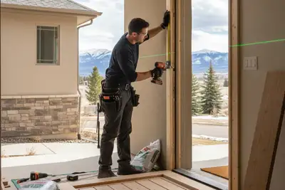 Technician installing new exterior door with precision tools at Aurora, CO home | Next Level Exteriors