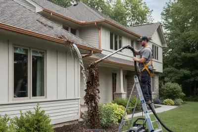 Aurora CO technician performing professional gutter cleaning on residential vinyl siding home