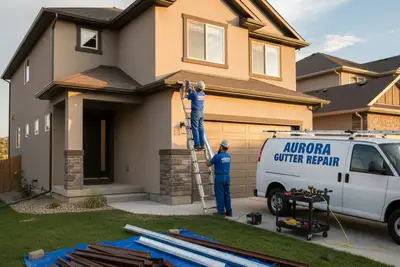 Technicians performing professional gutter repair at Aurora CO home for Next Level Exteriors