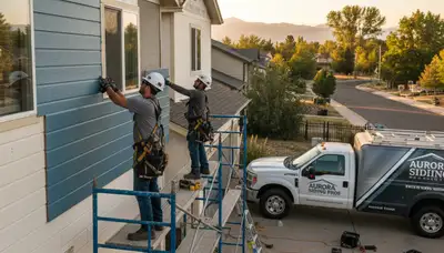 Technicians installing vinyl siding panels on Aurora CO home exterior during professional service
