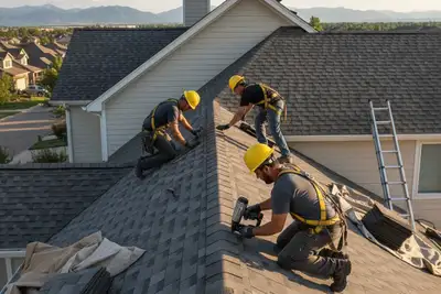 Roofing technicians repairing shingles on Aurora CO home roof for Next Level Exteriors repair service