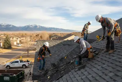 Roofing contractors installing new shingles on Aurora CO home for vinyl siding and roof replacement
