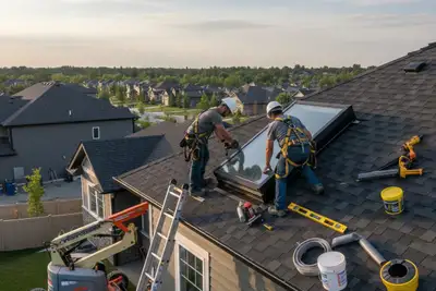 Technicians installing skylight on Aurora CO home roof with vinyl siding for Next Level Exteriors