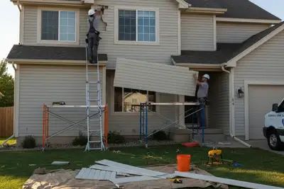 Technicians performing expert vinyl siding repair at Aurora CO home with new panel installation