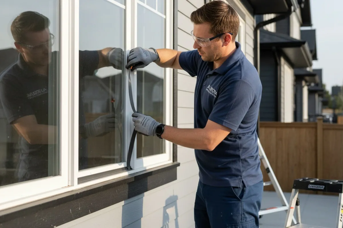 Technician performing window repair on Aurora CO home for Next Level Exteriors vinyl siding service