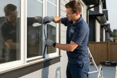 Technician performing window repair on Aurora CO home for Next Level Exteriors vinyl siding service