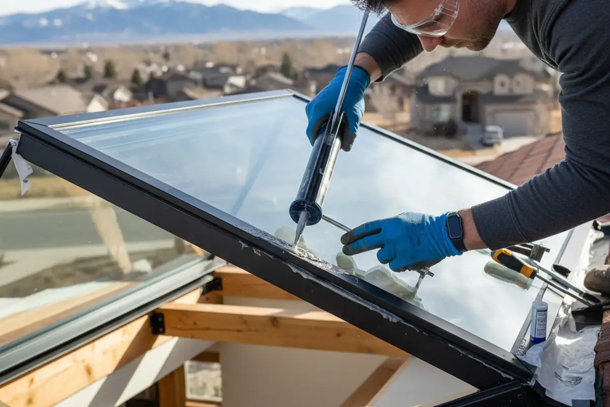 Technician sealing skylight frame with precision during vinyl siding repair in Aurora, CO