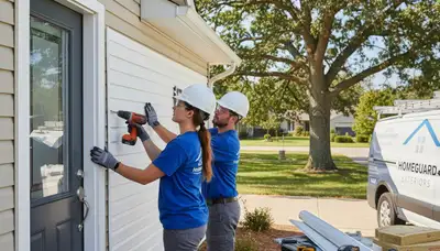 Technician repairing vinyl door frame in Aurora, CO for Next Level Exteriors door repair service