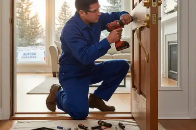 Technician performing professional door repair on Aurora CO home exterior for vinyl siding service