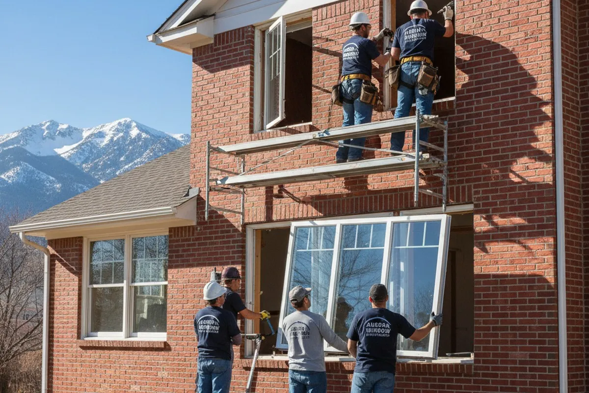 Technicians installing energy-efficient replacement windows at Aurora CO home for Next Level Exteriors