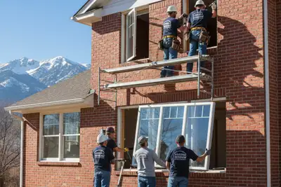 Technicians installing energy-efficient replacement windows at Aurora CO home for Next Level Exteriors