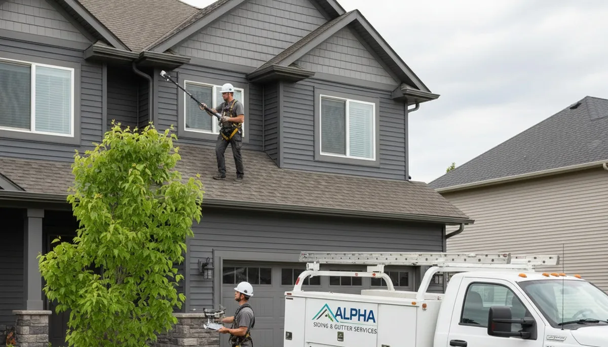 Technician performing gutter inspection on home exterior in Aurora, CO for Next Level Exteriors
