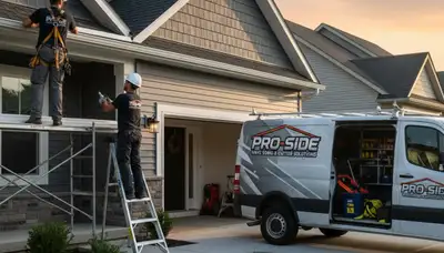Technician repairing residential gutter and vinyl siding in Aurora, CO