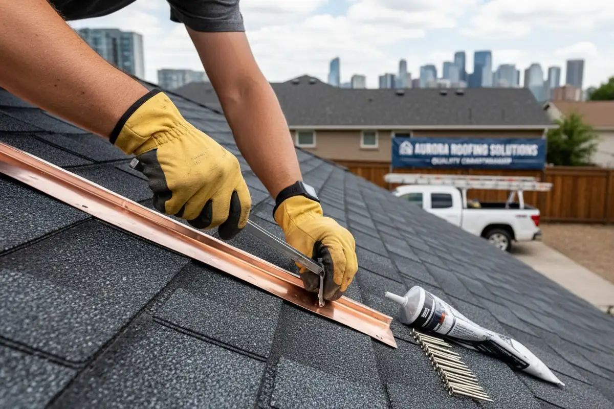 Technician performing precise roof flashing and sealing installation in Aurora, CO for vinyl siding home