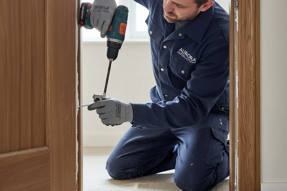 Aurora CO technician performing precise door installation and sealing for vinyl siding home exterior