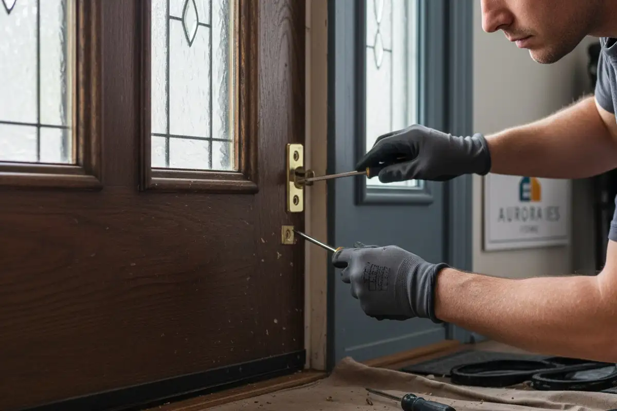 Technician performing precise door repair with vinyl siding detail at Aurora, CO home