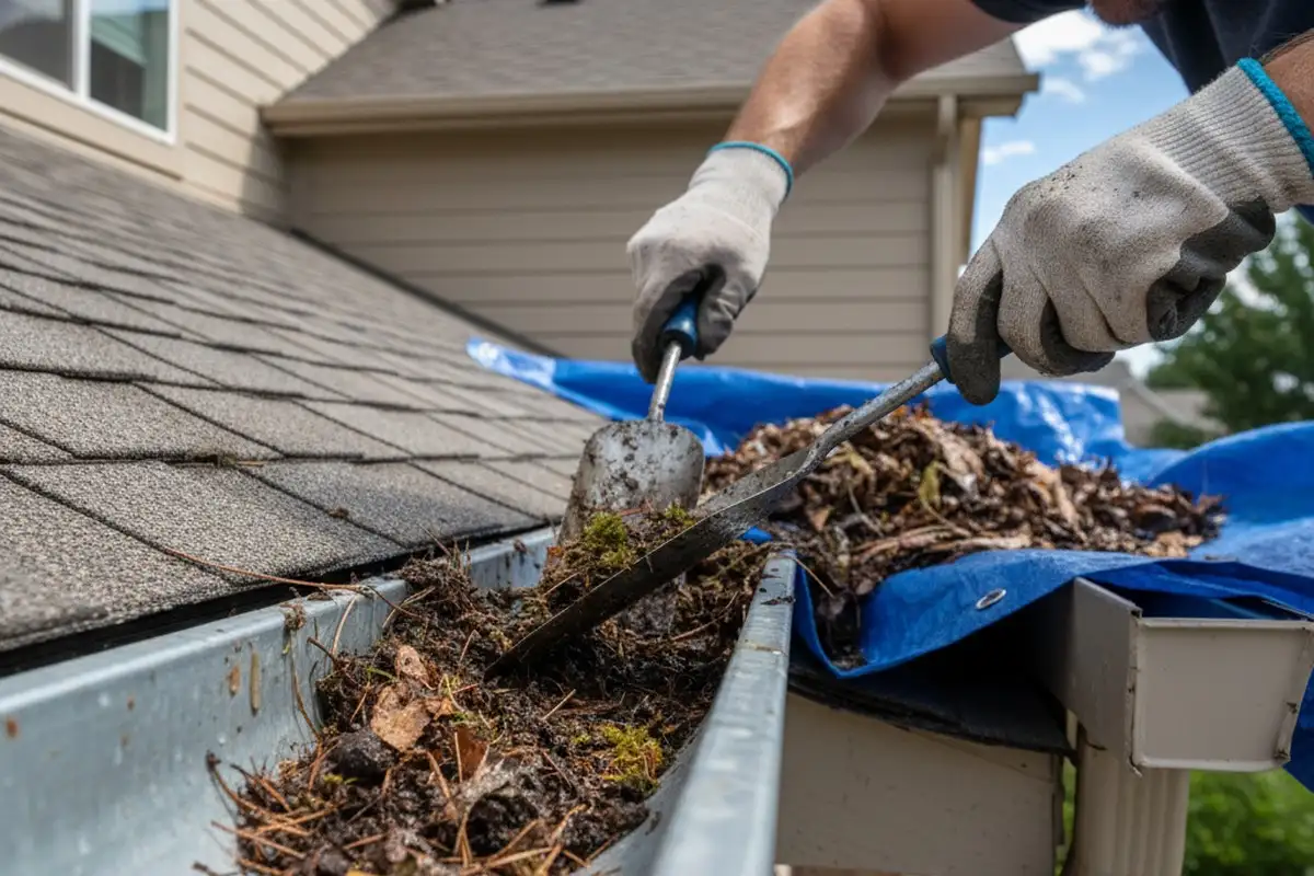 Technician performing precision gutter debris removal at Aurora CO home for vinyl siding protection
