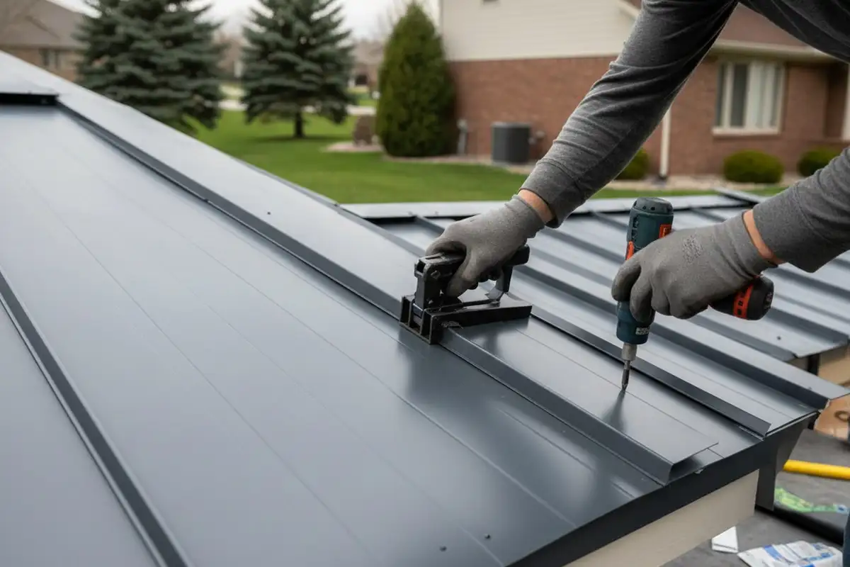 Technician sealing metal roofing seams in Aurora, CO for durable Next Level Exteriors installation