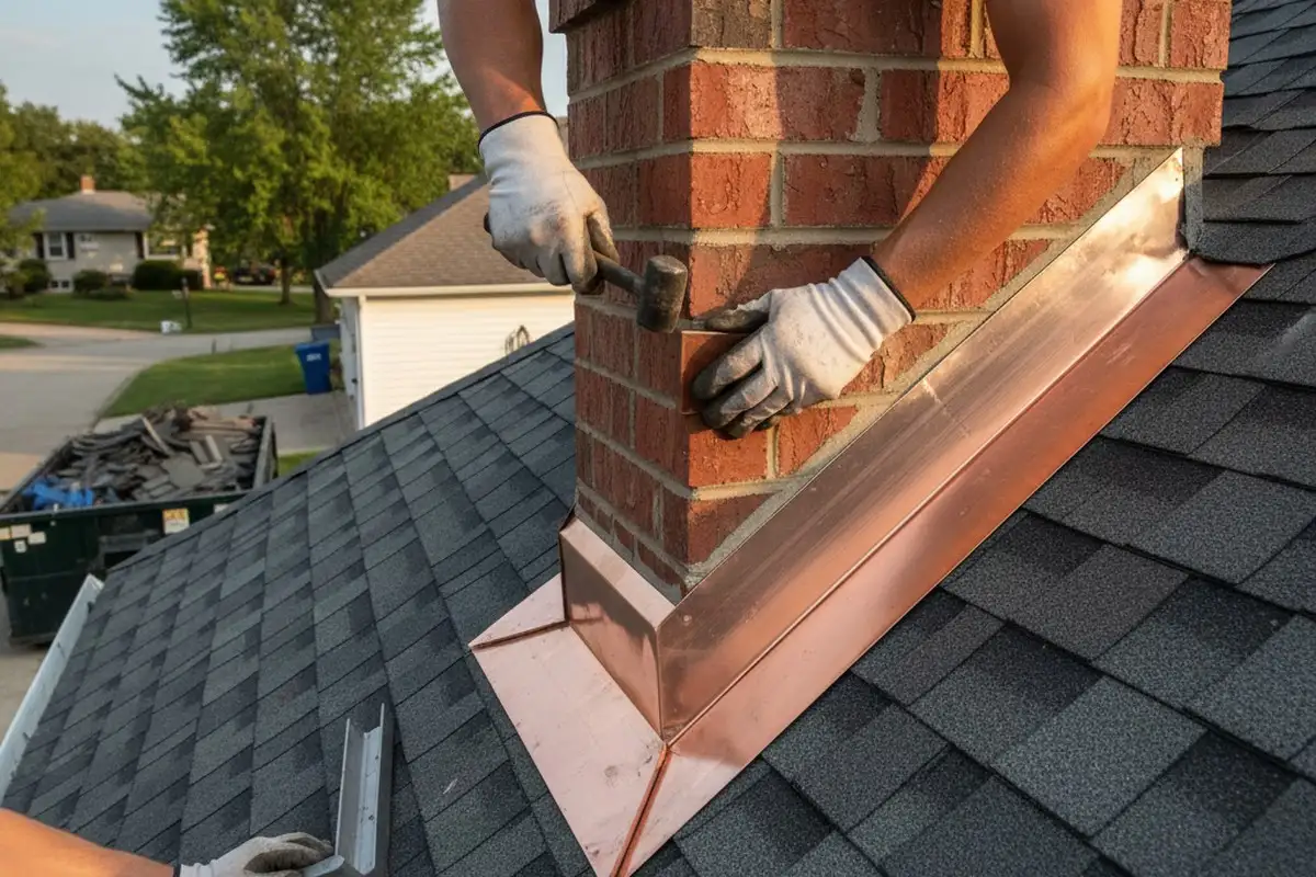 Technician performing precise roof flashing and edge work during roof replacement in Aurora, CO