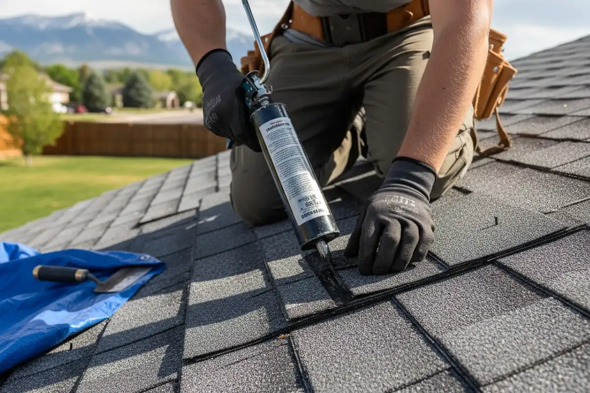 Technician performing detailed roof repair and sealing work on Aurora, CO home by vinyl siding experts