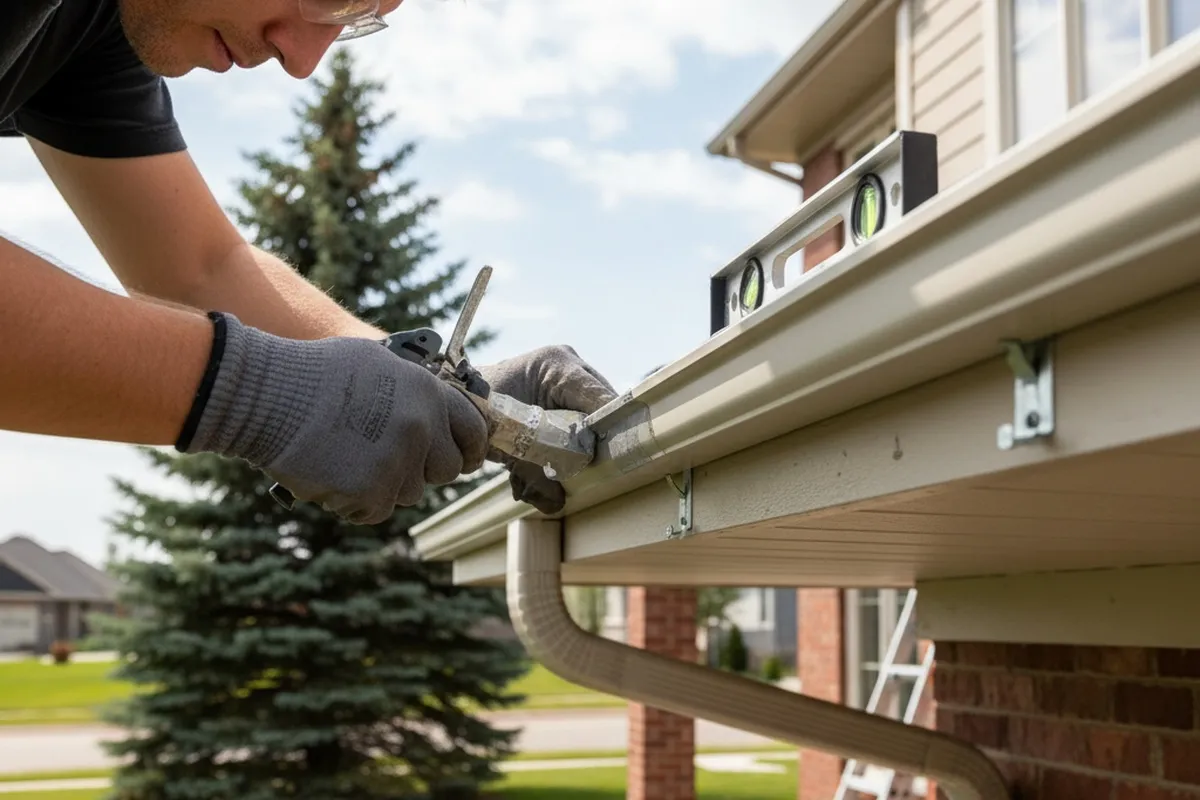 Technician sealing seamless gutters with precision at Aurora CO home for Next Level Exteriors vinyl siding