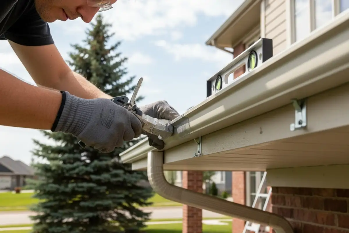 Technician sealing seamless gutters with precision at Aurora CO home for Next Level Exteriors vinyl siding