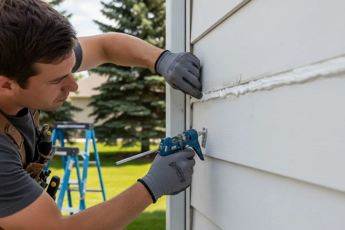 Technician sealing vinyl siding joints during repair on Aurora CO home exterior