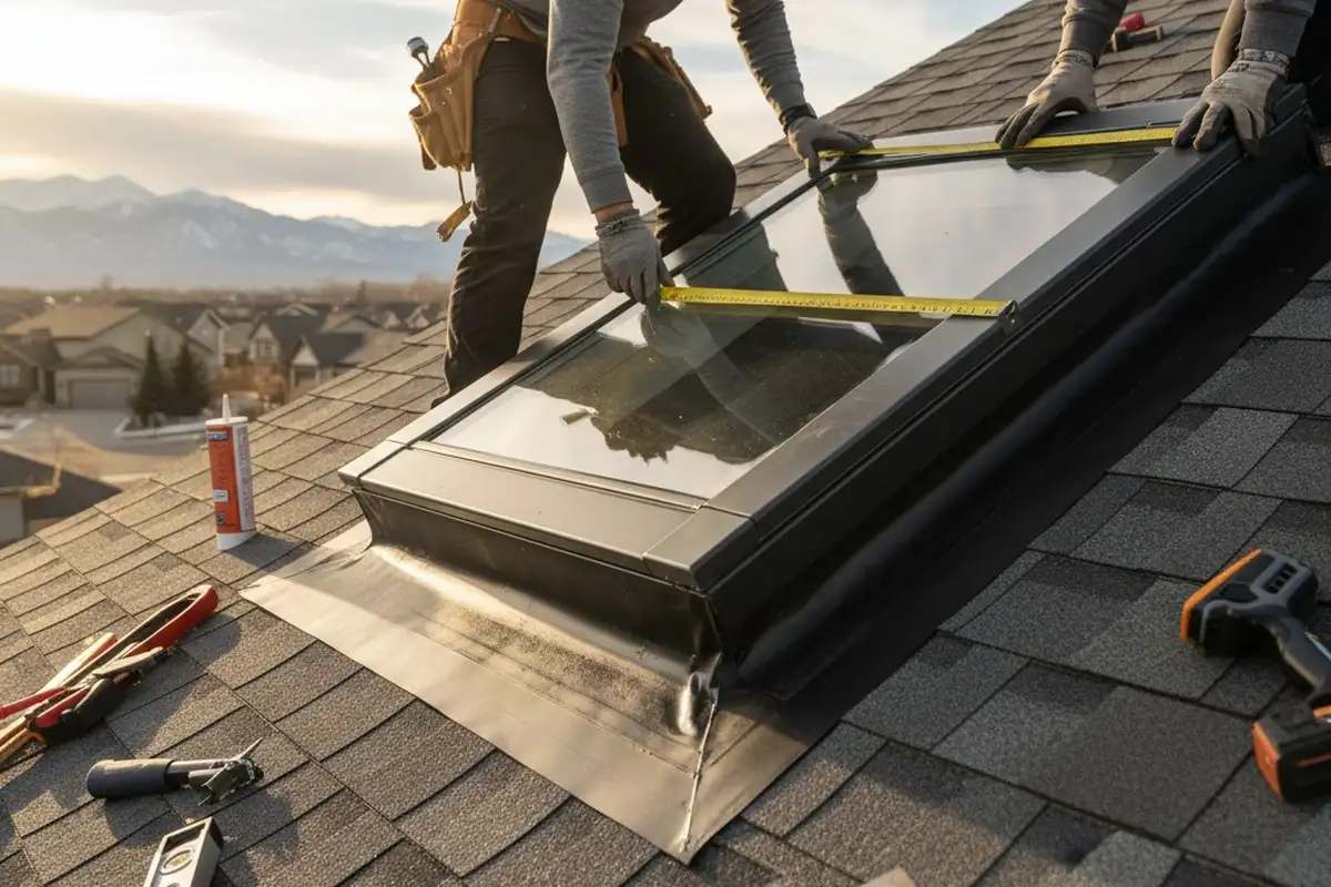 Technicians installing skylight with precise flashing and sealing on Aurora CO home exterior vinyl siding