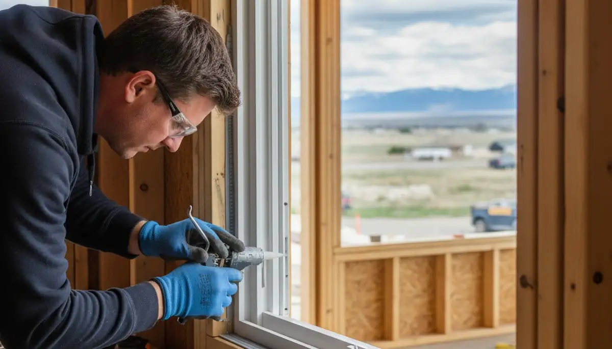 Technician applying precise caulking during window installation at Aurora, CO home by vinyl siding experts