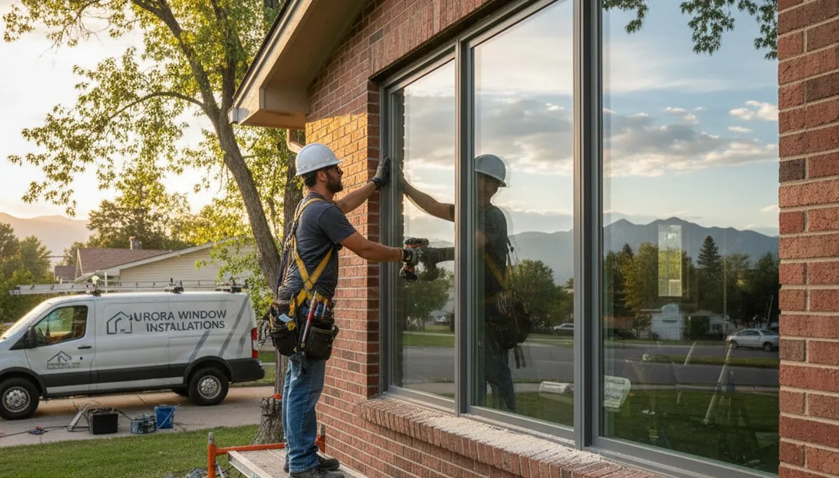 Technicians installing energy-efficient vinyl windows at an Aurora, CO home for Next Level Exteriors