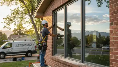 Technicians installing energy-efficient vinyl windows at an Aurora, CO home for Next Level Exteriors
