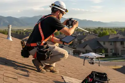 Professional roof inspector documenting Aurora CO home roof during detailed vinyl-siding inspection process