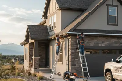 Technicians installing seamless gutters on Aurora CO home for Next Level Exteriors vinyl siding service