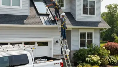 Technician repairing vinyl siding and skylight on Aurora CO home exterior