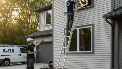 Technician repairing residential window frame in Aurora, CO for Next Level Exteriors vinyl siding service